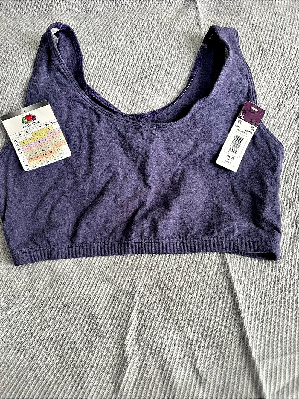 Fruit of the Loom purple XXL sports bra with scoop neck and wide straps. New wit